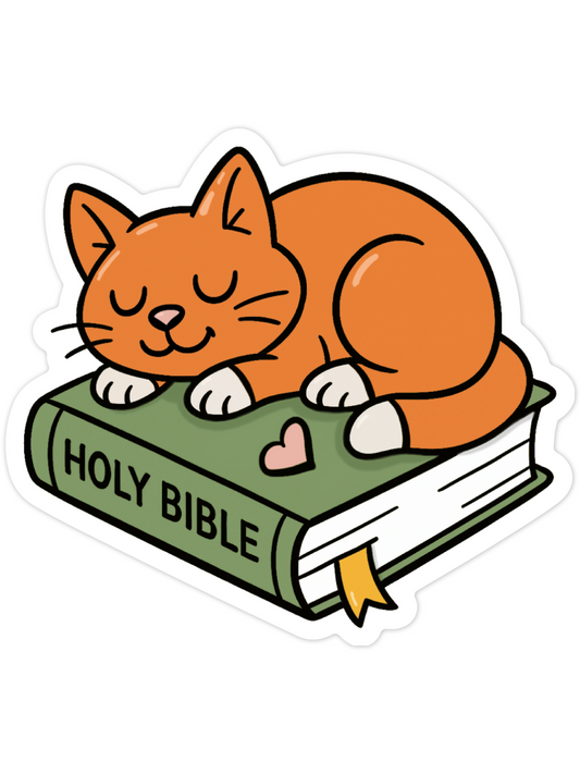 Orange Cat on Bible Waterproof Vinyl Sticker
